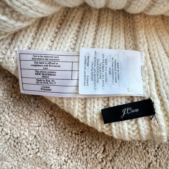 J. Crew Ivory Ribbed Knit Faux Fur Pom Pom Wool Cashmere Blend Beanie Hat - Picture 2 of 2
